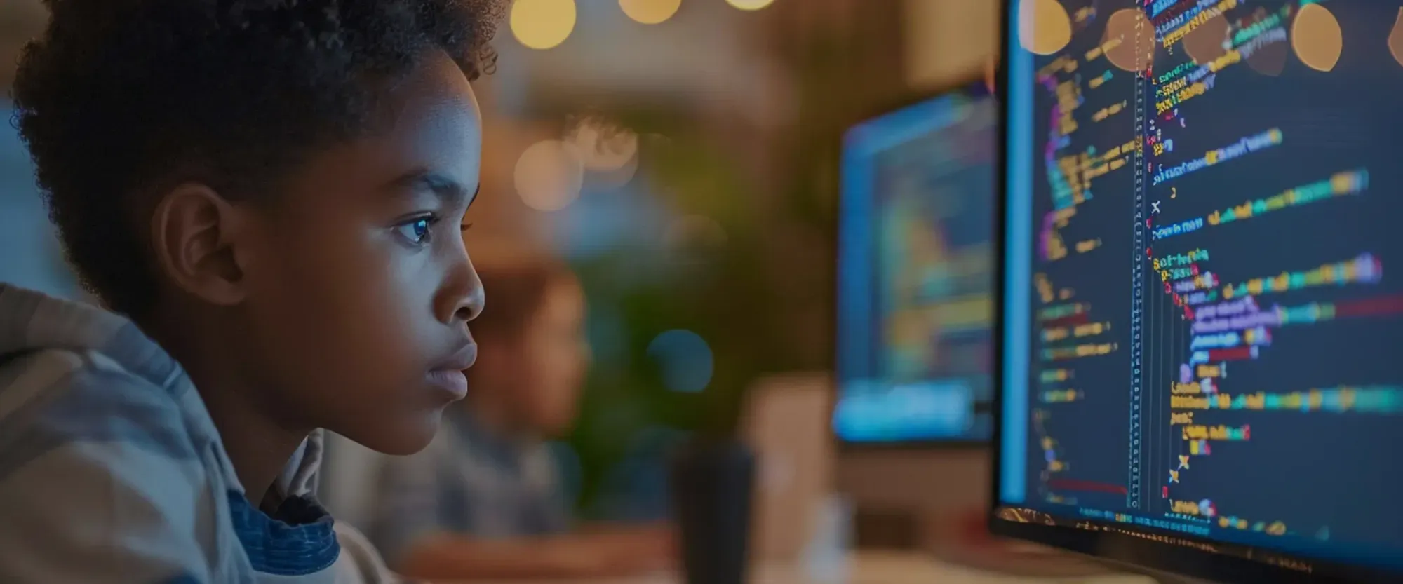A child focused and smiling while learning to code in Python.